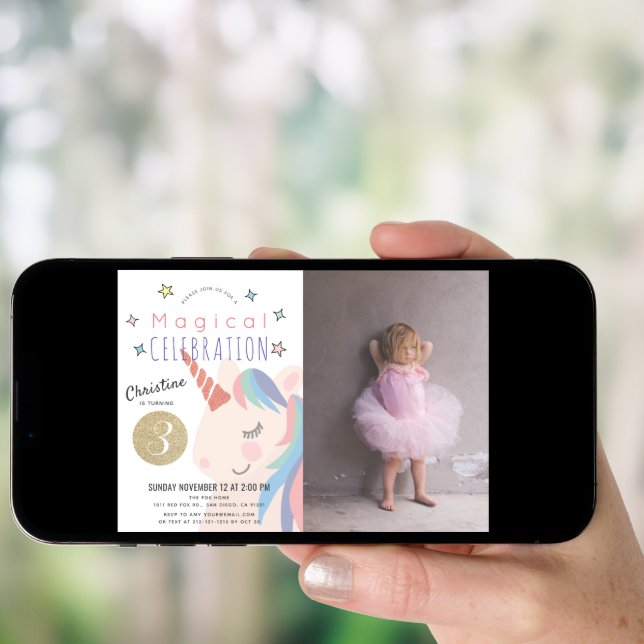 Magical Unicorn Pink x Gold Girl Photo Birthday Invitation (Front Digital)