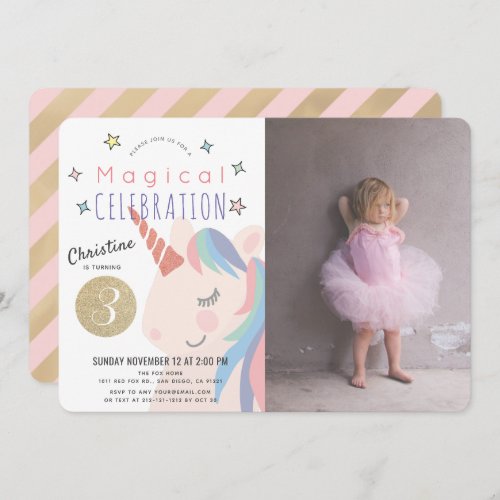 Magical Unicorn Pink x Gold Girl Photo Birthday Invitation