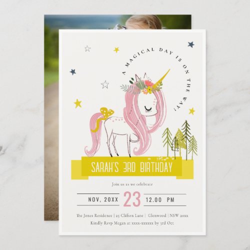 Magical Unicorn Pink Yellow Kids Birthday Photo Invitation