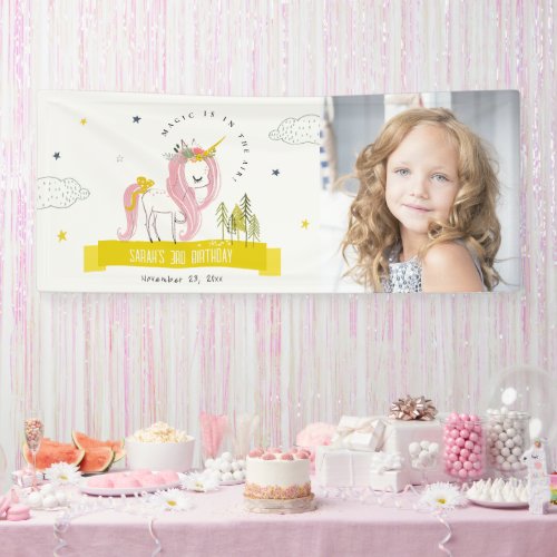 Magical Unicorn Pink Yellow Kids Photo Birthday Banner