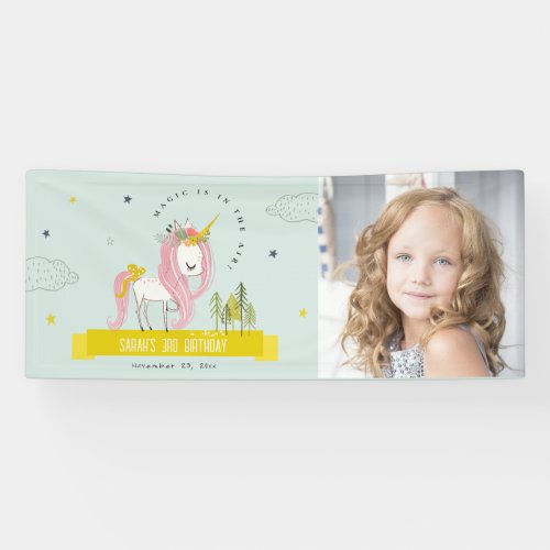 Magical Unicorn Pink Yellow Kids Photo Birthday Banner
