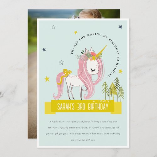 Magical Unicorn Pink Yellow Kids Photo Birthday Thank You Card