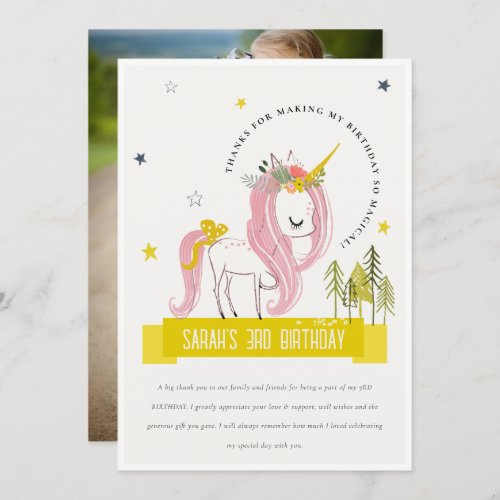 Magical Unicorn Pink Yellow Kids Photo Birthday Thank You Card