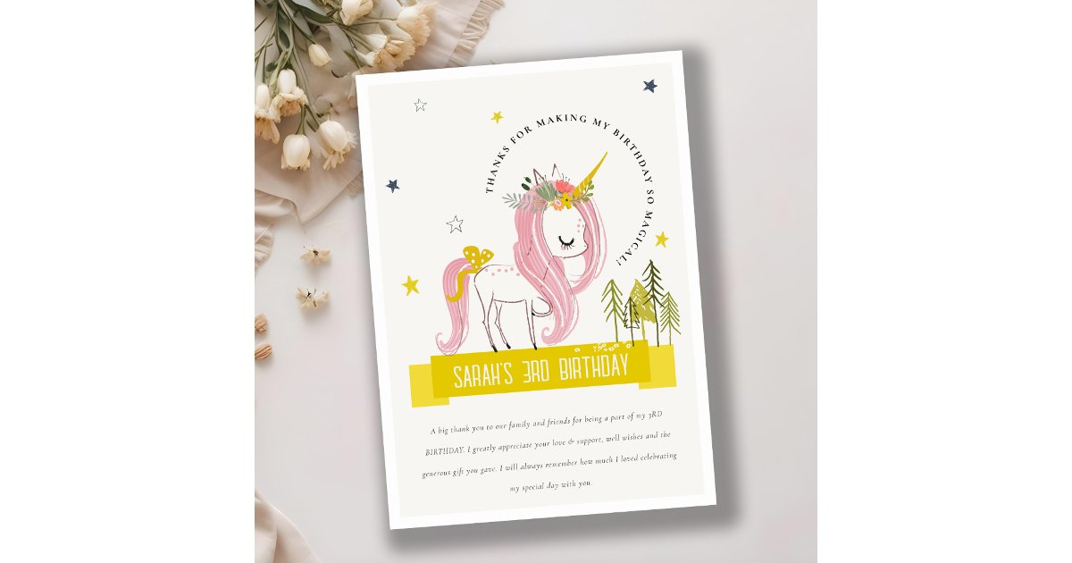Magical Unicorn Pink Yellow Kids Photo Birthday Thank You Card | Zazzle
