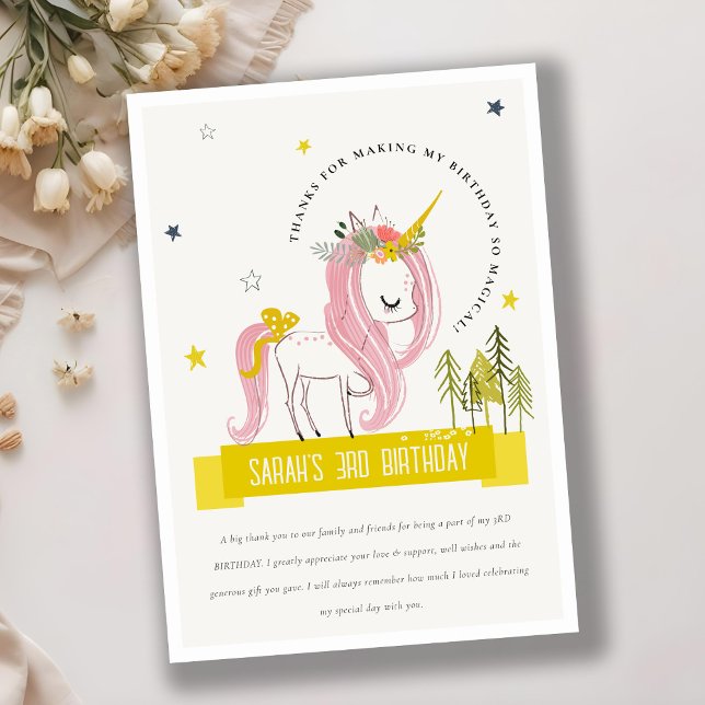 Magical Unicorn Pink Yellow Kids Photo Birthday Thank You Card (Creator Uploaded)