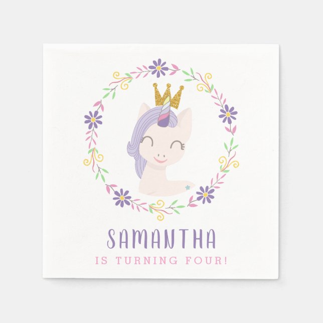 Magical Unicorn Princess | Girl Birthday Party Napkins (Front)