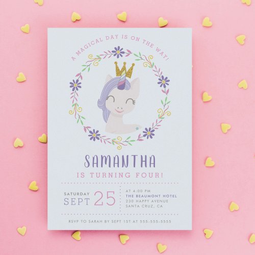 Magical Unicorn Princess  Pink  Gold Birthday Invitation