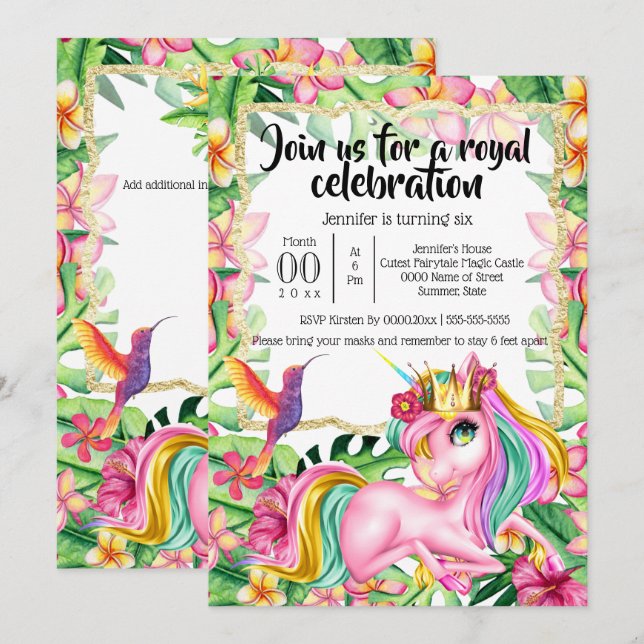 Magical unicorn princess tropical woodland island invitation (Front/Back)