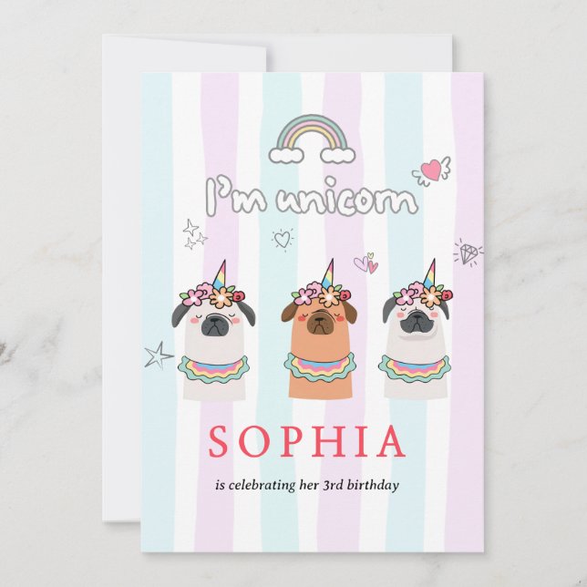 Magical Unicorn Pug Birthday Invitation (Front)