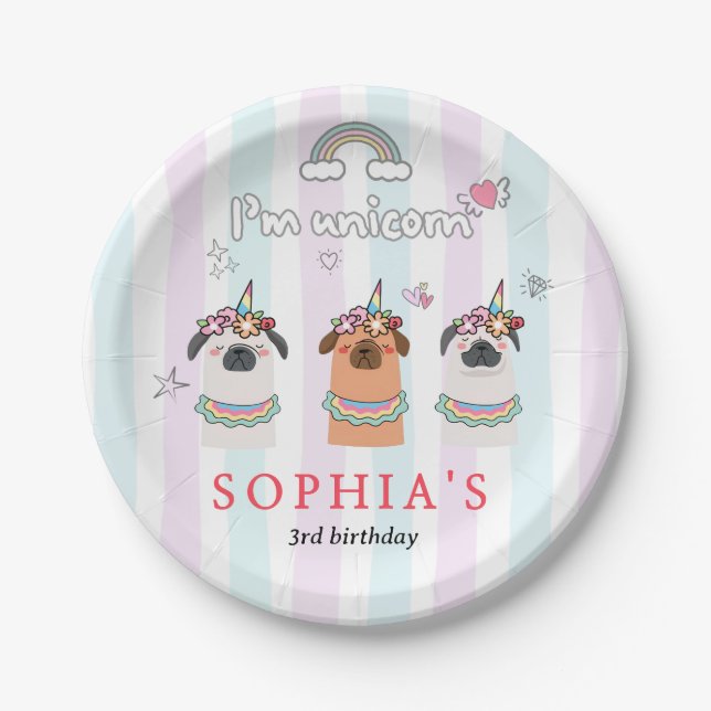 Magical Unicorn Pug Birthday Invitation Paper Plates (Front)