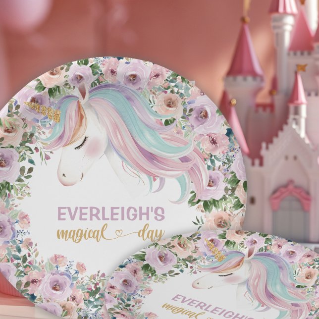Magical Unicorn Purple Flower 1st birthday Paper Plates (Creator Uploaded)