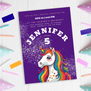 Magical Unicorn Purple Glitter Rainbow Stars Invitation
