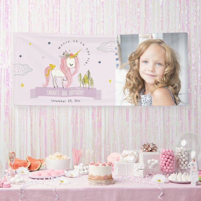 Magical Unicorn Purple Lilac Kids Photo Birthday Banner (Party)