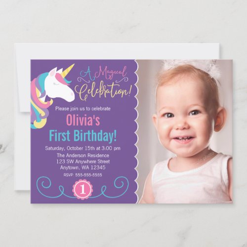 Magical Unicorn Purple Photo Birthday Invitations