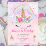 Magical Unicorn Rainbow 1st Birthday Invitation<br><div class="desc">Celebrate the birthday girl with this magical Unicorn Rainbow Birthday Invitation! All text can be changed,  including the age. Design shows a Unicorn Face with gold glitter horn,  floral crown,  a pastel rainbow,  in a purple and pink whimsical background. Cupcake and wand graphics also included.</div>