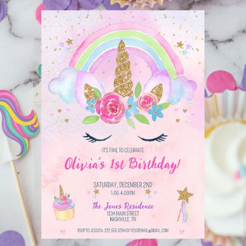 Magical Unicorn Rainbow 1st Birthday Invitation