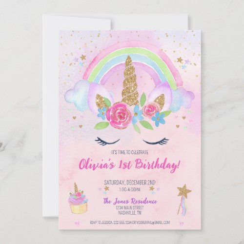 Magical Unicorn Rainbow 1st Birthday Invitation