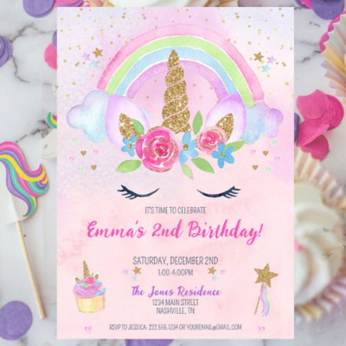 Magical Unicorn Rainbow 2nd Birthday Invitation