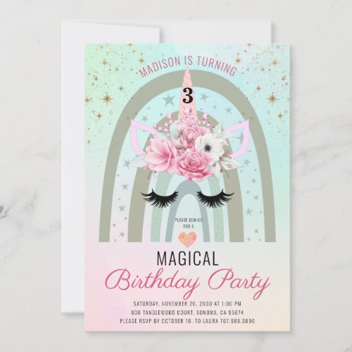 Magical Unicorn Rainbow 3rd Birthday Pink Teal Invitation