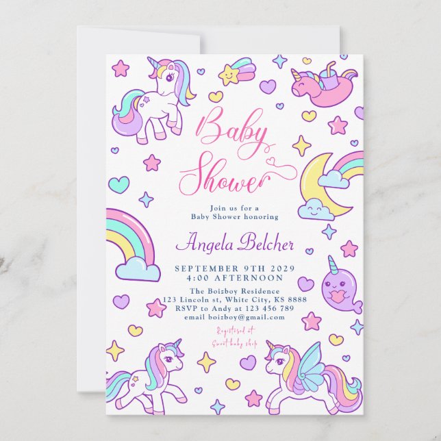 Magical Unicorn Rainbow Baby Shower Invitation (Front)
