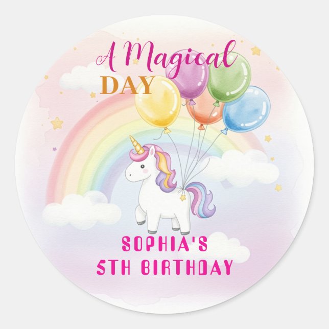 Magical Unicorn & Rainbow Birthday Classic Round Sticker (Front)