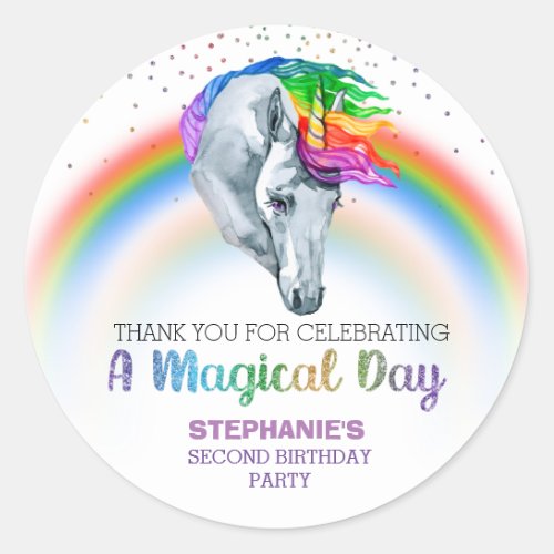 Magical Unicorn Rainbow Birthday Favor  Classic Round Sticker