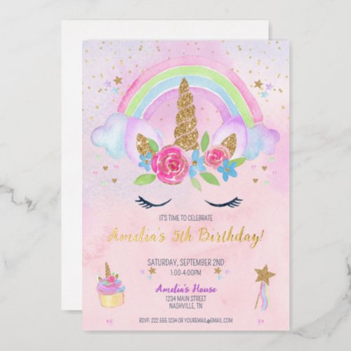 Magical Unicorn Rainbow Birthday Invitation Foil Invitation