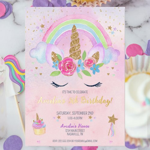 Magical Unicorn Rainbow Birthday Invitation Foil Invitation