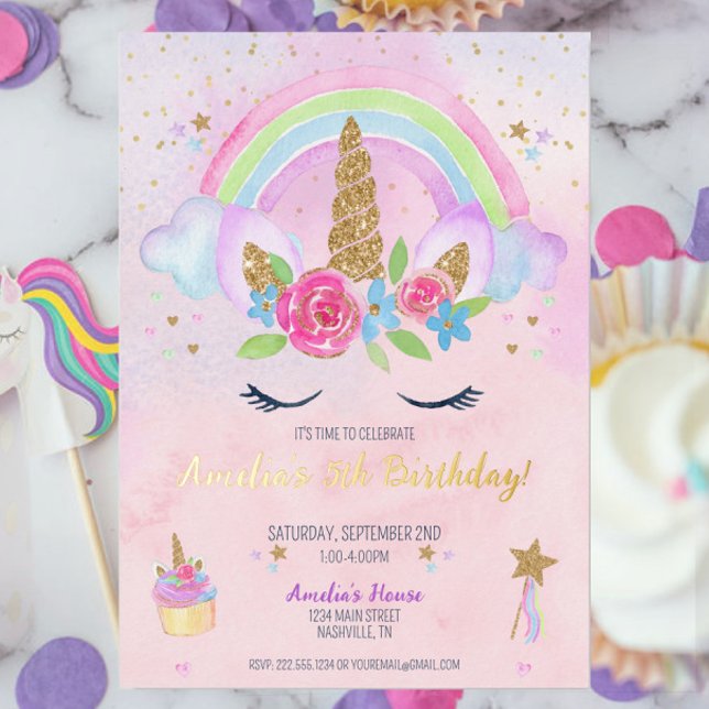 Magical Unicorn Rainbow Birthday Invitation Foil Invitation (Pink Magical Unicorn Rainbow Gold Foil Birthday Invitation, Pastel Unicorn Theme Party for Girl)