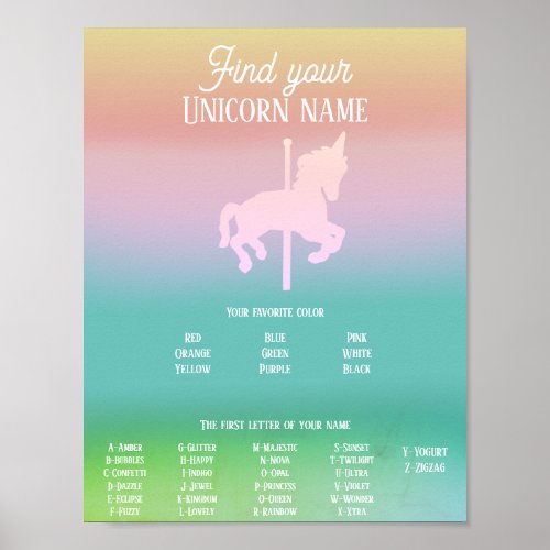 Magical Unicorn Rainbow Birthday Name Game Poster