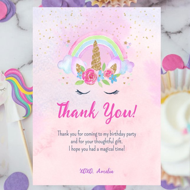 Magical Unicorn Rainbow Birthday Thank You Card (Pink Magical Unicorn Rainbow Birthday Thank You Card)