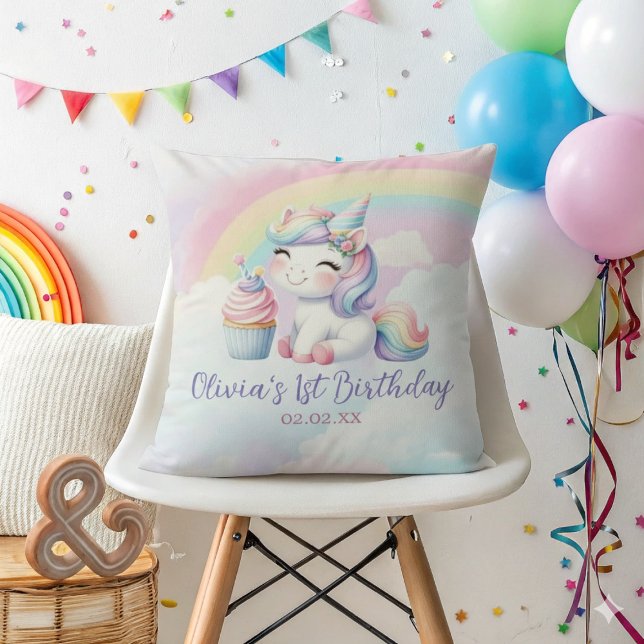 Magical Unicorn Rainbow Birthday Throw Pillow (Creator Uploaded)