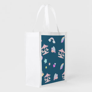 Magical Unicorn rainbow carousel pattern birthday Grocery Bag