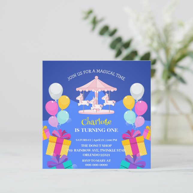 Magical Unicorn rainbow carousel pattern birthday  Invitation (Standing Front)