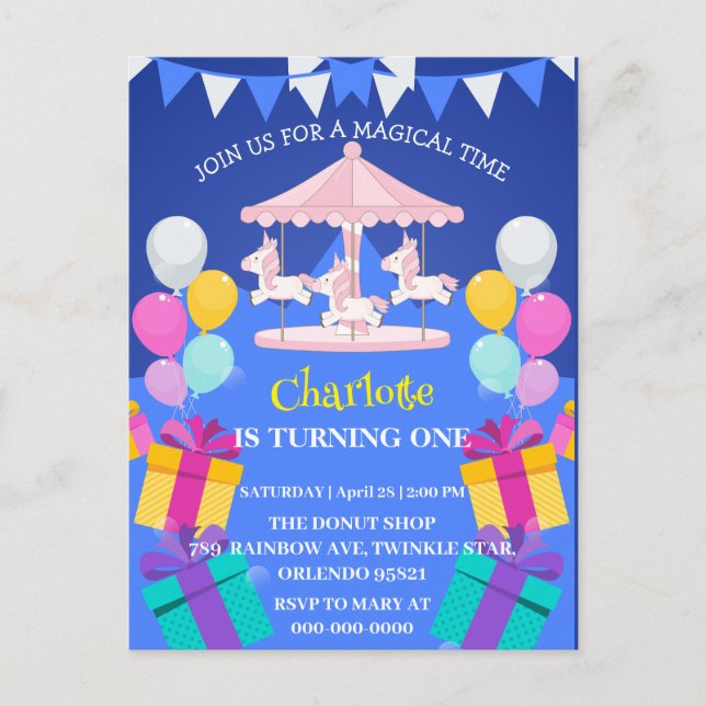 Magical Unicorn rainbow carousel pattern birthday  Invitation Postcard (Front)