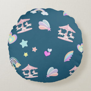 Magical Unicorn rainbow carousel pattern birthday Round Pillow