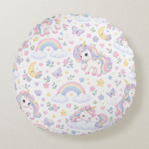 Magical Unicorn, Rainbow & Celestial Design Round Pillow