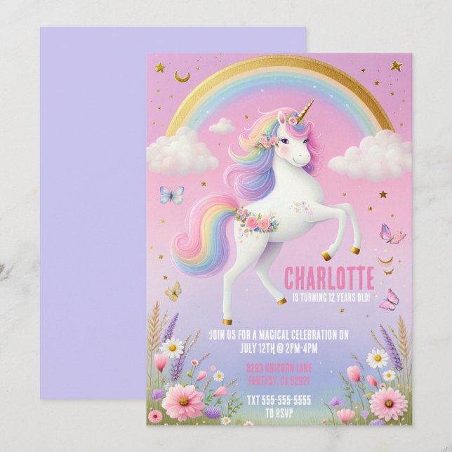 Magical Unicorn Rainbow Fairytale Birthday Party Invitation (Front/Back)