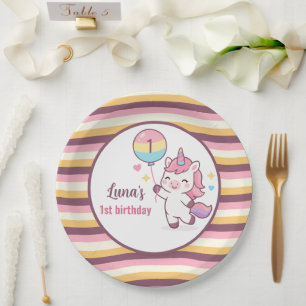Magical Unicorn & Rainbow Girl 1st Birthday party Paper Plates