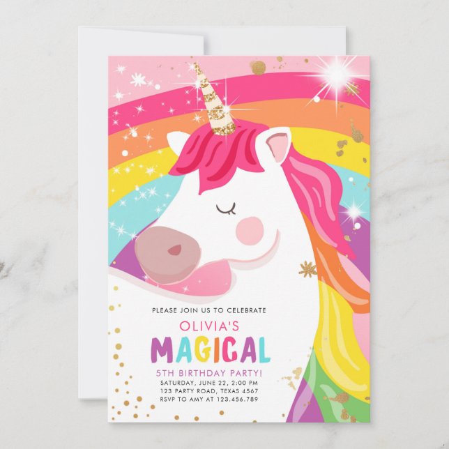 Magical Unicorn Rainbow Girl Birthday Invitation (Front)
