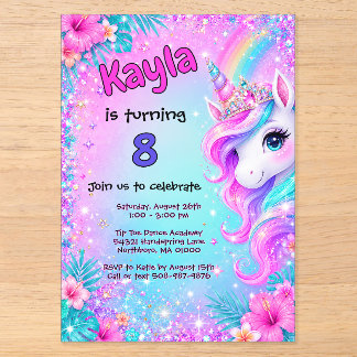 Magical Unicorn Rainbow Glitter Birthday Acrylic Invitations
