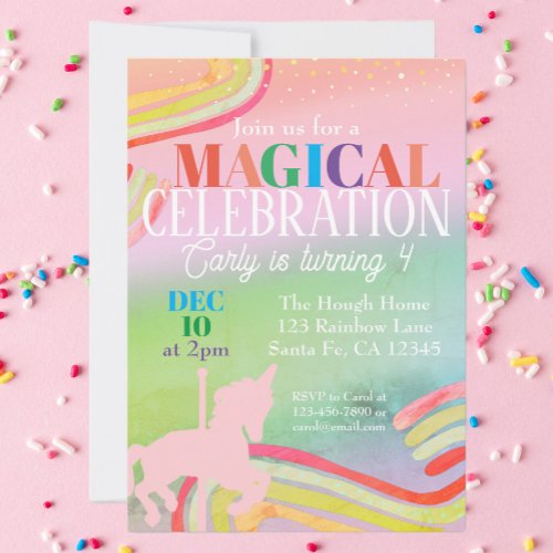 Magical Unicorn Rainbow Glitter Girls Birthday  Invitation