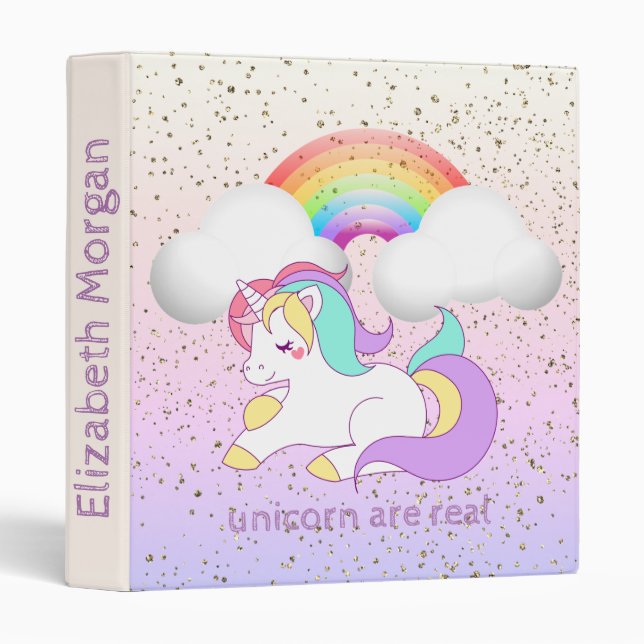 Magical Unicorn , , Rainbow, Gold Confetti 3 Ring Binder (Front/Spine)