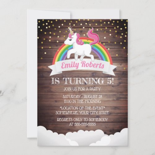 Magical Unicorn  Rainbow Gold Confetti Birthday Invitation