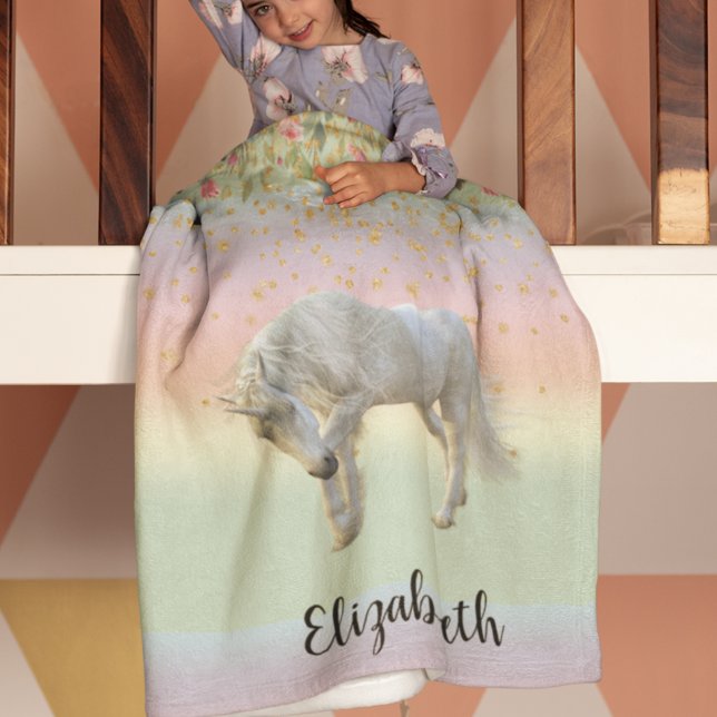 Magical Unicorn Rainbow Gold Floral Fleece Blanket (Creator Uploaded)