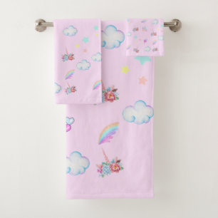 Magical Unicorn rainbow gradient birthday party Bath Towel Set