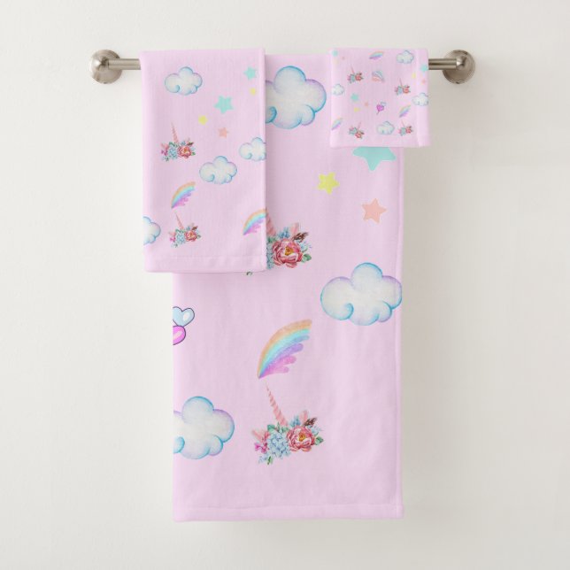 Magical Unicorn rainbow gradient  birthday party  Bath Towel Set (Insitu)