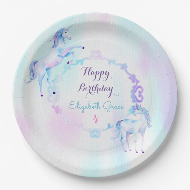 Magical Unicorn Rainbow Lavender Pink Turquoise Paper Plates (Front)