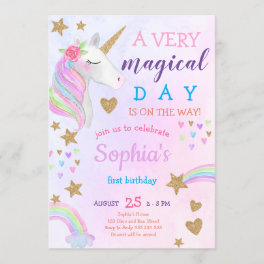 Magical Unicorn Rainbow Pastel Girl First Birthday Invitation