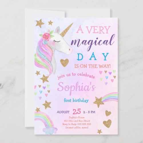 Magical Unicorn Rainbow Pastel Girl First Birthday Invitation